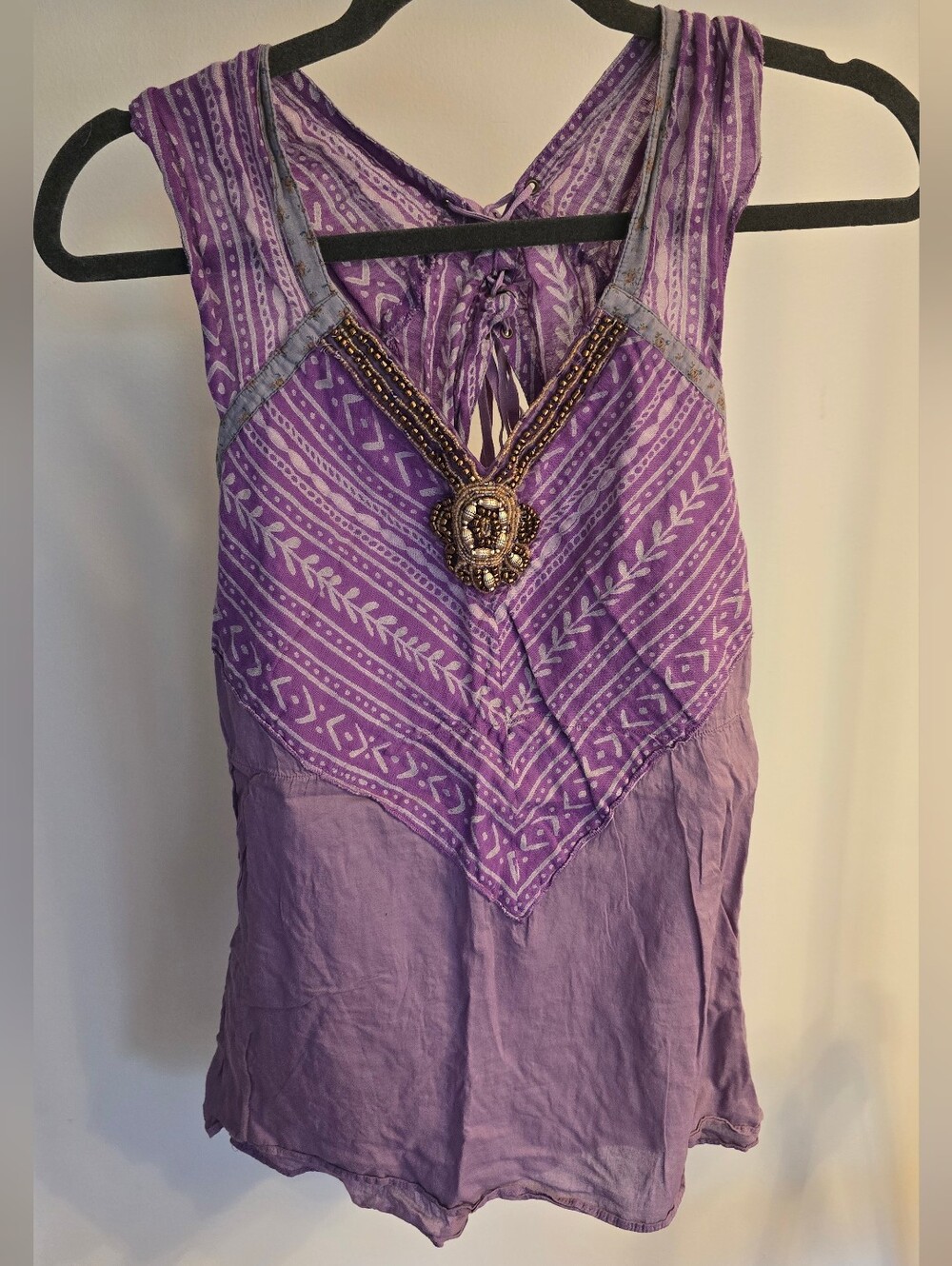 Free People Vintage Purple Geometric V-Neck Sleeveless Beaded Tank Top Size M